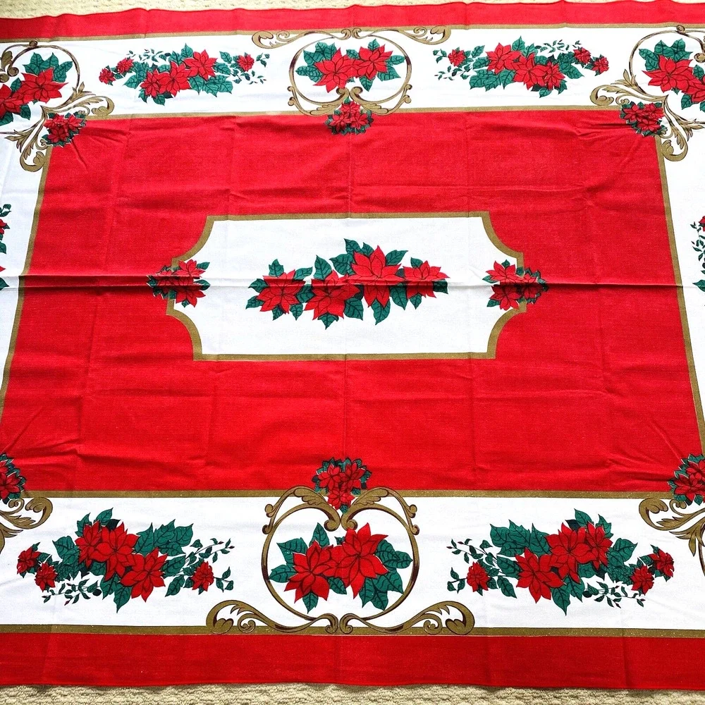 Christmas Tablecloth Vintage 1990's Festive Holiday Table Cover Red White Green
